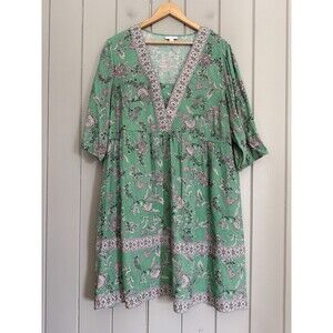 J. Jill Dress XLP Border Printed Flounced Hem Light Garden Green Peasant Boho
